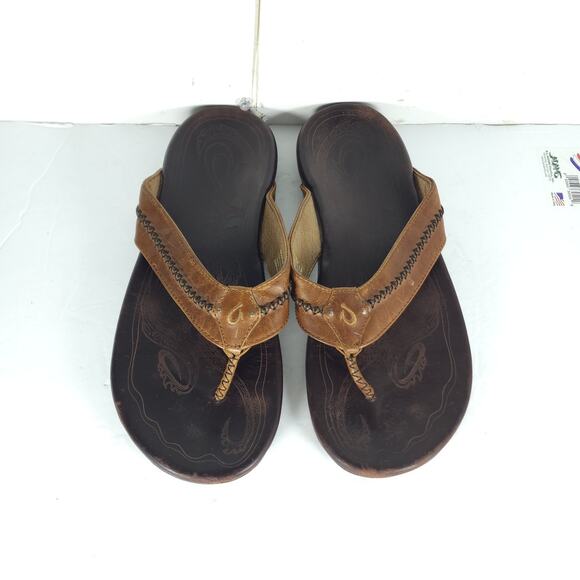 Olukai Men\'s Mea Ola US12 Brown Leather Embroidered Slip On Flat Thong Sandals main image 14